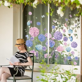 JarThenaAMCS 81Pcs Spring Summer Hydrangea Window Clings Hydrangea Lavender Butterfly Window Stickers Double-Side Floral Glass Decals for Home Office School Party Shop Display Decoration