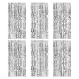 Leogony 6Pcs Silver Tinsel Curtains, 3.3 x 8.3ft Foil Fringe Glitter Curtain for Party Decorations