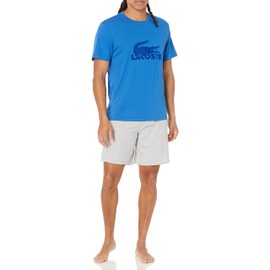 Lacoste Men's Branding T-Shirt & Shorts Pajama Set, Azure Blue/Imperial Blue/Dove Grey, Large