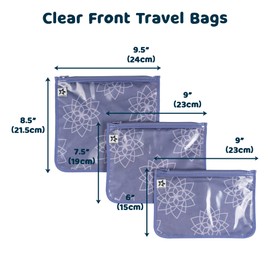 Tiny Twinkle Mess-proof Travel Bags, Airline Compliant, Zipper Closure, Clear Front Pouch, Diaper Bag Packing, Toiletry or Cosmetics Organizer 3 Pack Set (Lotus)