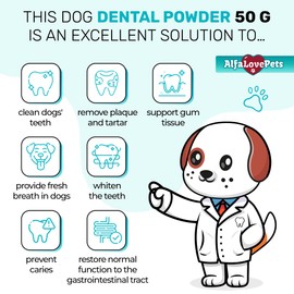 Dog Teeth Cleaning Powder for Plaque, Tartar, Caries – Dog Dental Powder + Probiotics – Valerian Flavor That Attracts Puppies and Adult Ones – Scoop Included – 50 Grams