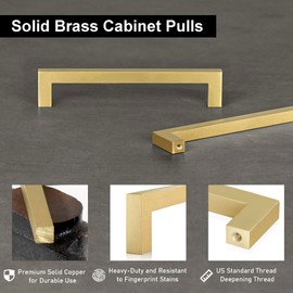 QOGRISUN 5-Pack Solid Brass Cabinet Pulls, Gold Square Drawer Handles, 6-1/4-inch Hole Center Kitchen Hardware for Dresser, Cupboard, Brushed Brass Finish