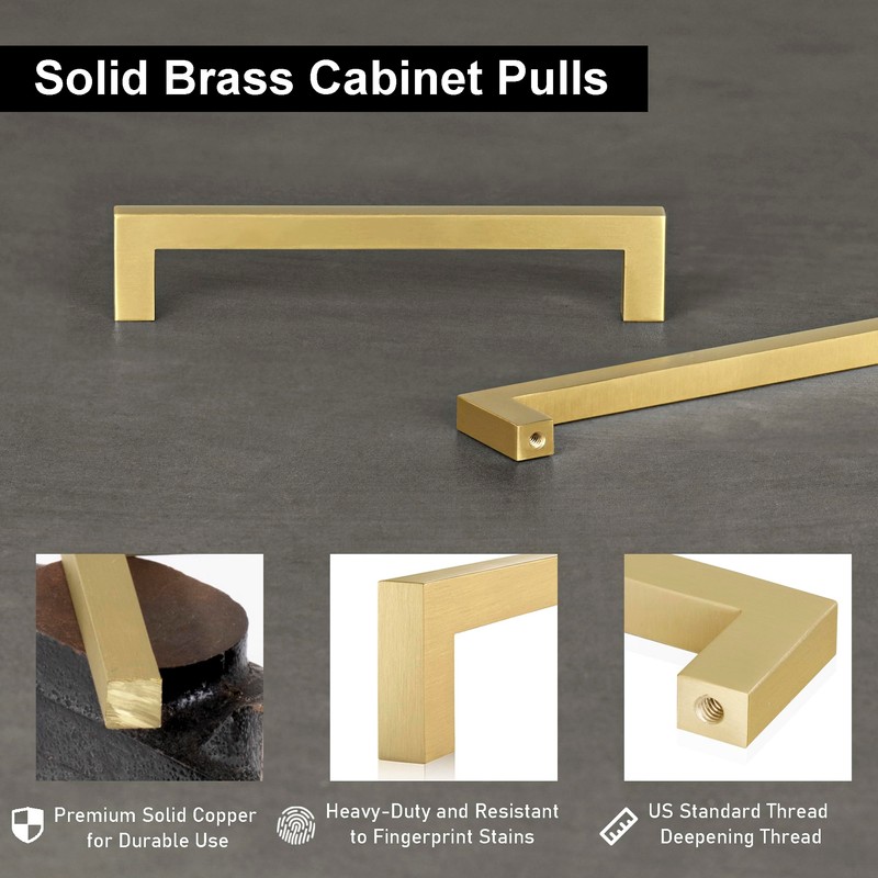 QOGRISUN 5-Pack Solid Brass Cabinet Pulls, Gold Square Drawer Handles,