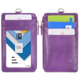 Wisdompro Badge Holder with Lanyard, 2-Sided PU Leather ID Badge Holder with 1 ID Window, 4 Card Slots, 1 Side Zipper Pocket and 1 Piece 20 Inch PU Neck Lanyard/Strap - Purple (Vertical)