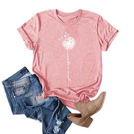 MaQiYa Womens Cute Make A Wish Dandelion Printed Tee Shirts Summer Cotton Vintage Graphic Tees Tops (Pink, Large)