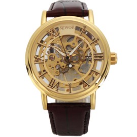 SEWOR Men's Mechanical Hand-Wind Skeleton Transparent Wrist Watch with Vintage Style (Gold Brown)