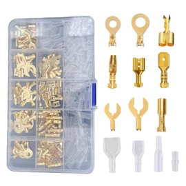 Terminal Set, 280 Pieces, 280 Pieces, Double Flat Terminals, 250 Type, Round, Mulberry Type, Crimp Terminal, Φ0.24 inches (6 mm), Φ0.3 inches (8 mm), Brass, Insulated Sleeves, Wire Connection, DIY
