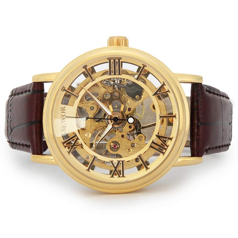 SEWOR Men's Mechanical Hand-Wind Skeleton Transparent Wrist Watch with Vintage