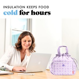 Fit & Fresh Cromwell Drawstring Lunch Bag for Women, Complete Lunch Set with 2 Containers, Stain-Resistant, Leak-Resistant, Back to School Essential, Teacher Lunchbox, All Smiles Lavender