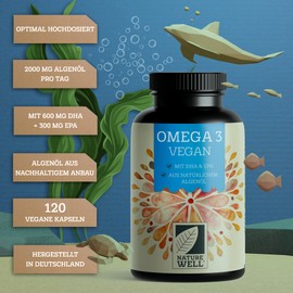 Omega-3 Vegan 240 Capsules High Dose, 2000 mg Omega-3 Algae Oil per Day with 600 mg DHA & 300 mg EPA, Vegan Omega-3 from Sustainable Cultivation as a Fish Oil Alternative, Laboratory Tested with