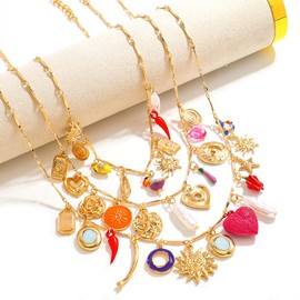 Hellodr 3-Strand Layered Pendant Charms Necklace for Women, Triple Layer Stackable Boho Charm Chain Necklace, Trendy Fashion Summer Beach Jewelry Gift