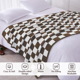 WRENSONGE Checkered Throw Blanket, Coffee Microfiber Soft Cozy Fluffy Warm Hand Made Throw Blankets for Couch, Sofa, Chair, Bed, Camping, Picnic, Travel Lightweight Bed Blanket - 50"*70"