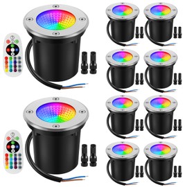 Junview Low Voltage Landscape Lights 10W RGBW Warm White LED Well Landscape Lighting Remote Control IP67 Waterproof Outdoor 12V-24V Pathway Deck Ground Lights(10Pack with Connectors)