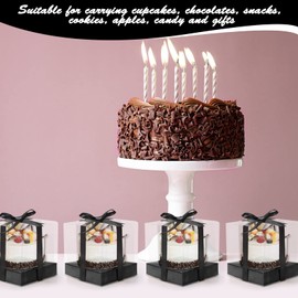 Anglecai 12 Pack Clear Plastic Cupcake Boxes, 3.5 Inch Black Single Cupcake Containers Disposable Individual Cupcake Carrier Holder Box with Inserts and Ribbon Clear Boxes for Cupcakes (Black)