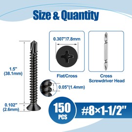 ANCHOREASE #8×1-1/2″ Sheet Metal Screws 150Pcs, 410 Stainless Steel Black Flat Head Self Drilling Screws