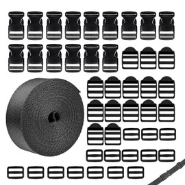 lbxtswpl Nylon Heavy Webbing Strap, 5M Flat Side Release Buckles, 15 Sets Flat Side Release Buckles and Tri-Glide Slides Cuttable Black Webbing for DIY Craft Backpack Strapping(Black)