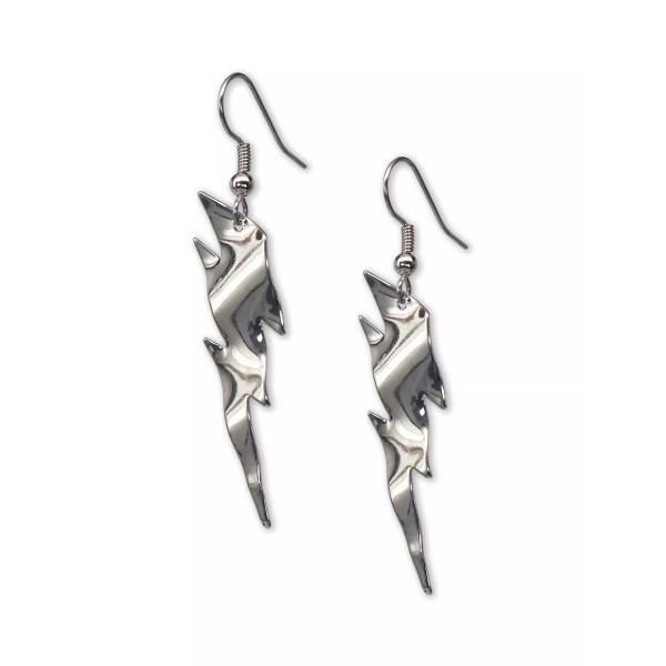 Real Metal Lightning Bolt Earrings Polished Silver Dangle #986