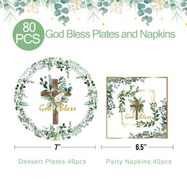 96pcs God Bless Baptism Plates and Napkins First Holy Communion Tableware Include 48pcs 7inch God Bless Paper Plates 48pcs Mi Bautizo Eucalyptus Paper Napkins Dinnerware for Baby Shower Decoration