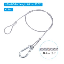 PATIKIL Stainless Steel Safety Cable 23.6"/60cm, 2Pack 2.5mm Flexible Security Wire Rope Lock Double Loops with Hook for Stage Lighting Luggage, Silver