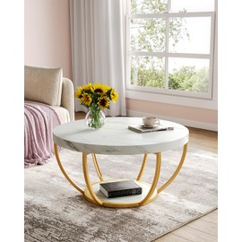 LITTLE TREE Round Coffee Table, 32" Circle Faux Marble Coffee Tables for Living Room, 2-Tier Golden Metal Legs Accent Center Table with Open Storage Modern Design Home Furniture (White and Gold)