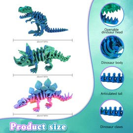 3Pcs 3D Printed Dinosaurs Set 20m Length, Flexible Dinosaurs Statue Decor, Articular Mobility Fidget Animals Toy Collectable for Home and Office Decoration, Adults Kid