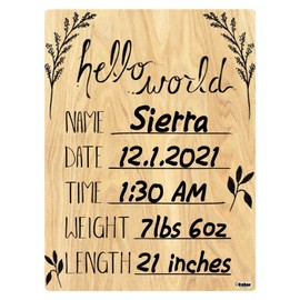 Cohas Hello World Newborn Baby Announcement Sign with Printed Wood Surface, 9 by 12 Inches, Black Marker