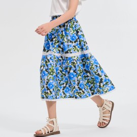 Rolanko Long Floral Skirt for Girls, Elastic High Waist Ruffle Hem, Flowing A-Line Boho Maxi Dress, Blue floral