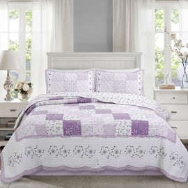 Cozy Line Home Fashions Love of Lilac Bedding Quilt Set, Light Purple Orchid Lavender Floral Real Patchwork 100% Cotton Reversible Coverlet, Bedspread (Lilac, Queen - 3 Piece)