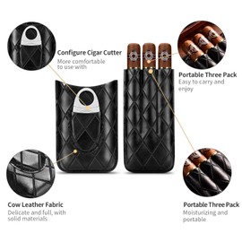 CIGARLOONG Leather 3 Travel Tubes Portable Cigar Case with Stainless Steel Cigar Cutter (Light Brown)
