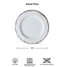 LEHAHA 9 inch White Melamine Salad Plate Set, Vintage Rustic 6 piece Dessert Plates Set, Break-Resistant Dishes Set Great for Dining Party, Ideal for Salad,Dessert,Fruit and Cakes