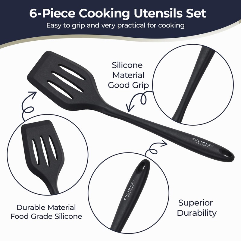 Culinary Couture Black Silicone Kitchen Utensils Set of 6, Non-Stick
