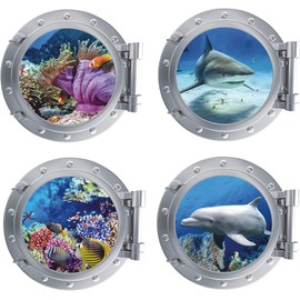 KAIRNE 3D Sea Life Fish Wall Stickers for Bathroom,Under The Water Shark Wall Art for Kids Bedroom,Ocean Dolphin Wall Decal Nursery Decoration,Set of 4 pcs