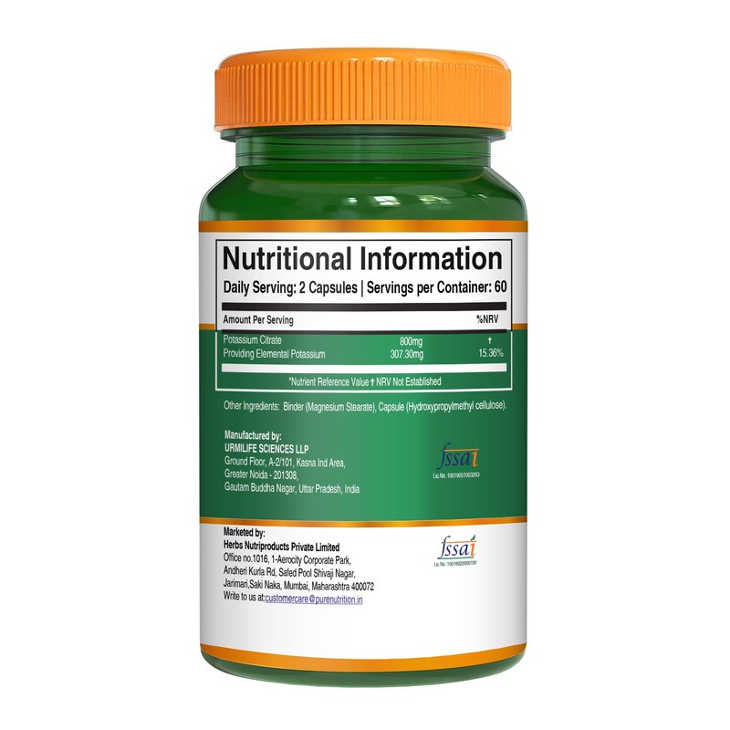 Pure Nutrition Potassium Citrate 800mg | 120 Caps | Support