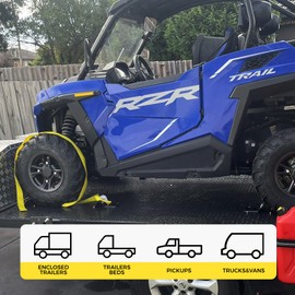 Wheel Chock Tie Down Kit (1,986lb Break Strength) Heavy Duty Trailer Tire Straps System for ATV, UTV, Lawn Mower & More - Ratchet Tie Downs Accessories with E Track for Four Wheeler