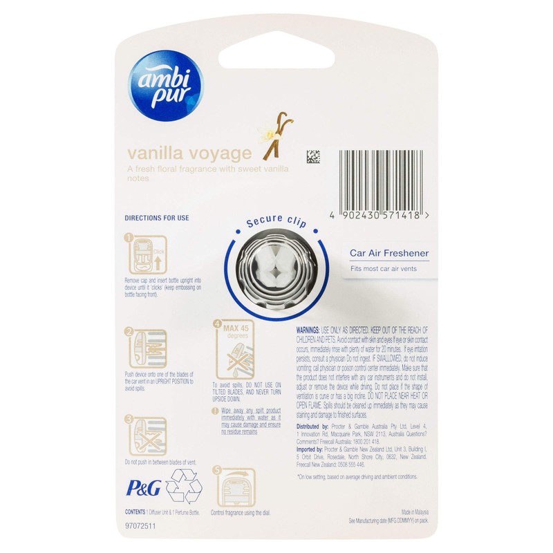 Ambi Pur Premium Clip Car Air Freshener Vanilla Voyage 7.5mL