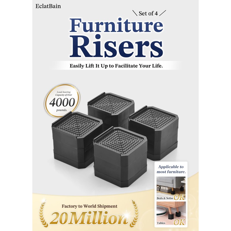 Adjustable Bed Risers 3.6&5.3 Inch, 4000 lbs, 4 Middle Pack