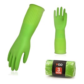 Vgo...RB2143 3 Pack Kitchen Gloves, Waterproof Gloves, Long Sleeve, Cleaning Gloves, Rubber Gloves, Car Washing, Washing, Gardening, Pet Care, Painting, Multi-Purpose (3 Pairs, M, Green, 3 Pairs)
