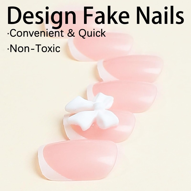 24 Pcs French Tip Press on Nails Short Square Bow