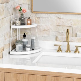 Forbena White 2 Tier Corner Bathroom Counter Organizer, Bathroom Countertop Shelf Organizer for Kitchen Sink, 2 Tier Makeup Vanity Tray for Dresser Tops Decor, Corner Shelf for Girls Bedroom (White)