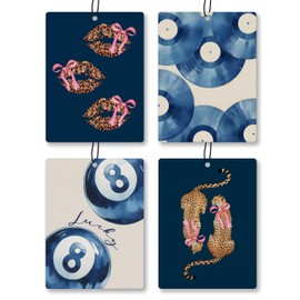 RYVJU Blue Trendy Retro Cheetah Cologne Car Scents Air Freshener 4 Pcs, Blue Vinyl Leopard Lip Lucky 8 Ball Hanging Air Freshener for Closet Drawer Books Bathroom, Cute Car Accessories Decor for Women