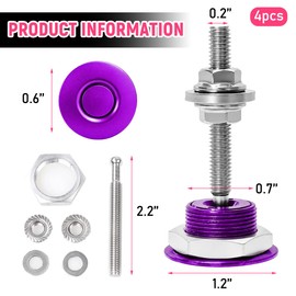 4 PCS Car Hood Pins, 1.2 Inches Push Button Bonnet Aluminum License Plate Locking Clips, Universal Engine Hood Pins Quick Release Lock Latch Bumper, Car Accessories (Purple)