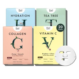 Rael Rael Face Mask Skin Care, Bamboo Facial Mask Sheet Set - Variety Pack, Korean Skincare, All Skin Types, Gift Set (5 Hydration, 5 Vitamin C, 5 Collagen, 5 Tea Tree, 20 Sheets)