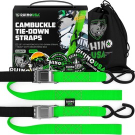 Rhino USA Motorcycle Tie Down Straps (2 Pack) Lab Inspected 2,200lb Break Strength, Steel Cambuckle Tiedown Set with Integrated Soft Loops - Better Than a Ratchet Strap (Green 2-Pack)