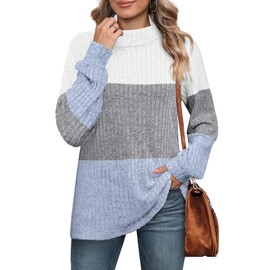Oversized Sweaters for Women Tunic Tops Loose Fit Dressy Turtleneck Long Sleeve Business Casual Outfits Plus Size Fall Clothes Color Block M