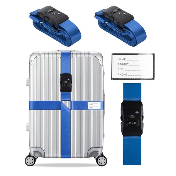 Veki - Juego de correas cruzadas para equipaje aprobadas por la TSA con candado ajustable, correas de viaje para maletas, correas de viaje, accesorios de viaje (2 unidades), color azul