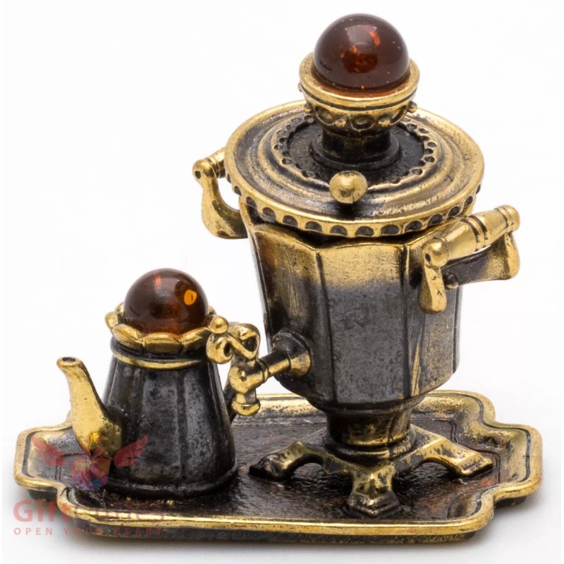 Brass Amber Figurine souvenir of Russian Samovar Teapot set souvenir