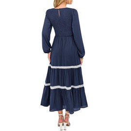 KIRUNDO Womens Smocked Long Sleeve Maxi Dress Wedding Guest Spring Fall Boho Tiered Lace Trim Flowy Long Dresses Pockets(Navy, XX-Large)