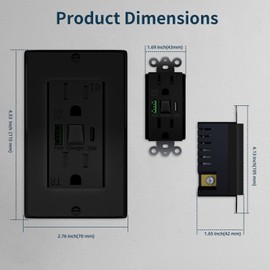 Salida PD20W 20A USB con luz nocturna LED, toma de corriente eléctrica de pared con puertos de carga USB tipo A y tipo C, tomas de pared resistentes a manipulaciones, placa de pared para teléfono