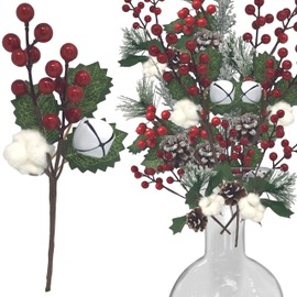 Holiday Picks with Red Berries and Pinecones - Set of 9 Assorted Styles White Jingle Bells, White Cottonwoods, Green Pine Needles - Christmas Floral Sprays Wreaths Garlands DIY Crafts - Snow Flocked
