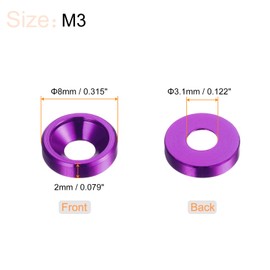 sourcing map 30pcs Countersunk Washers M3 Anodized Aluminum Alloy Finishing Washers Screw Seals for Mechanical Accessories Purple